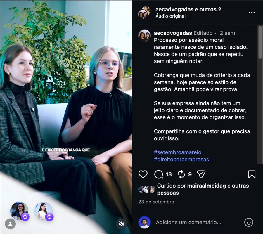 Reel mais visto do @aecadvogadas em 2026